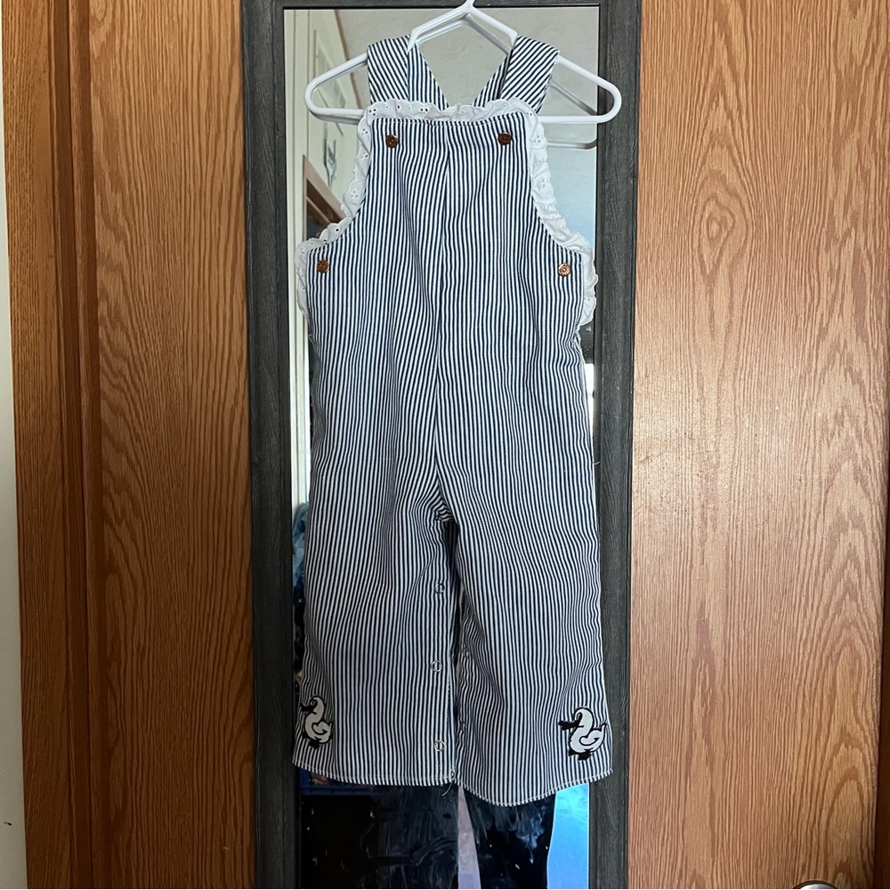Striped Kids Overalls with Duck Embroidery